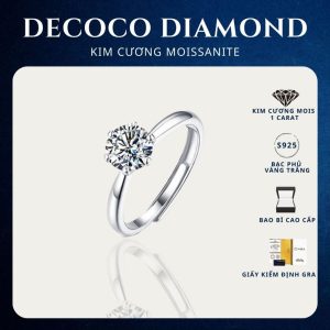 Nhẫn nữ kim cương moissanite DECOCO kiểm định GRA, bạc xi bạch kim Nora
